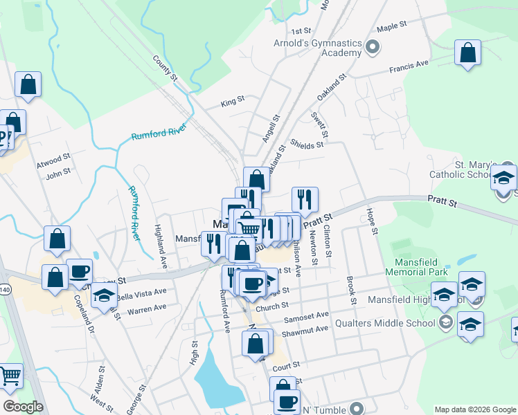 map of restaurants, bars, coffee shops, grocery stores, and more near 17 Kingman Avenue in Mansfield