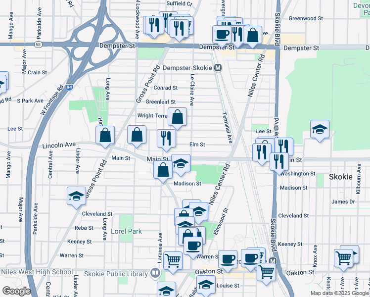 map of restaurants, bars, coffee shops, grocery stores, and more near 5058 Elm Street in Skokie