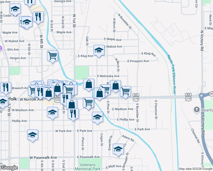 map of restaurants, bars, coffee shops, grocery stores, and more near 201-245 North Pine Street in Norfolk