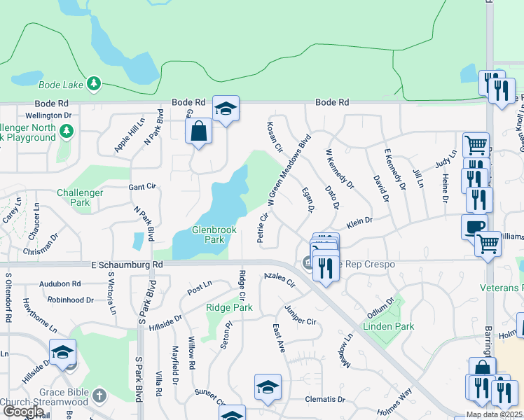 map of restaurants, bars, coffee shops, grocery stores, and more near 119 West Green Meadows Boulevard in Streamwood
