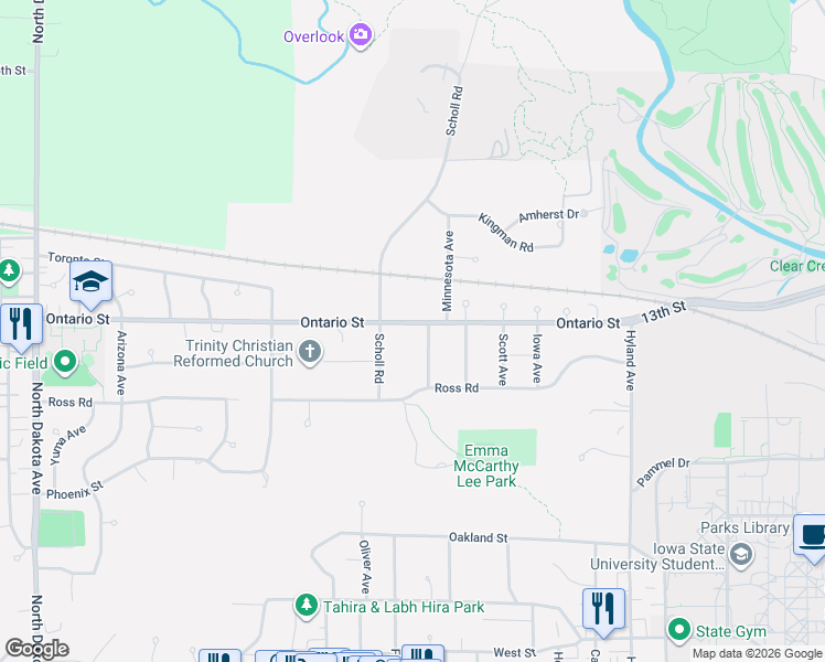 map of restaurants, bars, coffee shops, grocery stores, and more near 3418 Ontario Street in Ames