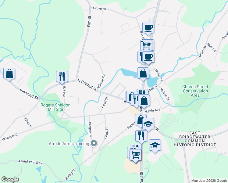map of restaurants, bars, coffee shops, grocery stores, and more near 17 Keith Place in East Bridgewater