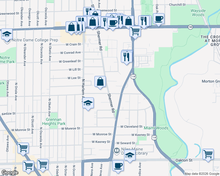 map of restaurants, bars, coffee shops, grocery stores, and more near 8433 North Shermer Road in Niles