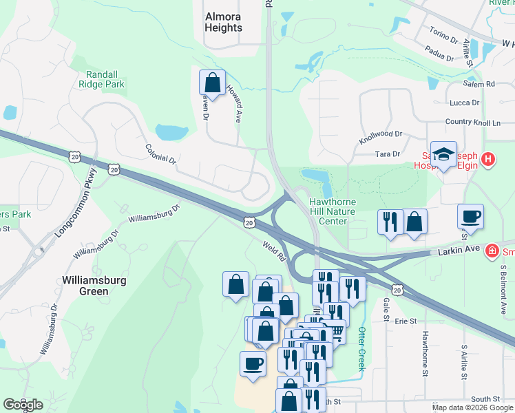 map of restaurants, bars, coffee shops, grocery stores, and more near 2640 Boxwood Drive in Elgin