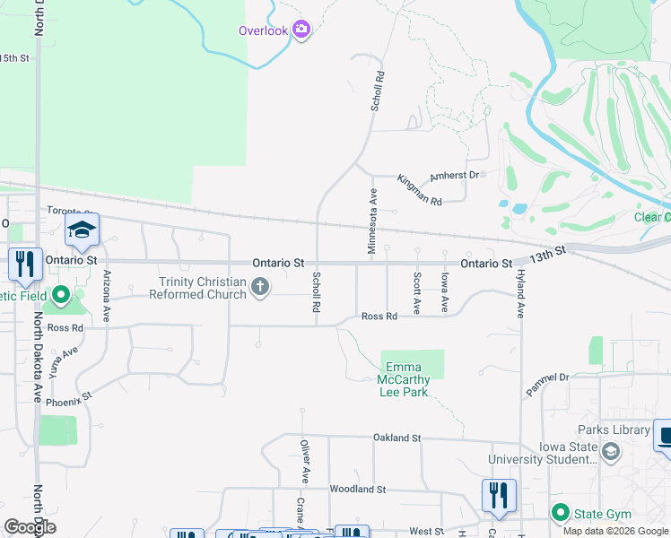 map of restaurants, bars, coffee shops, grocery stores, and more near 3418 Ontario Street in Ames