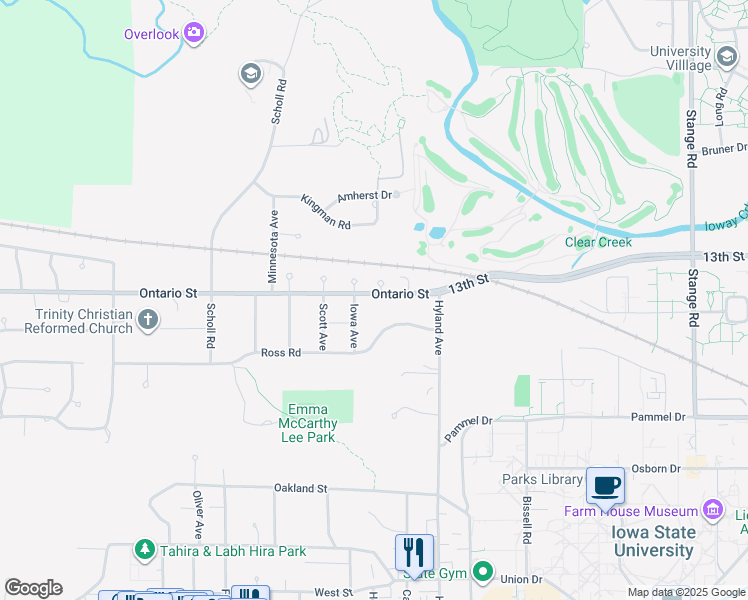 map of restaurants, bars, coffee shops, grocery stores, and more near 3006 Ontario Street in Ames