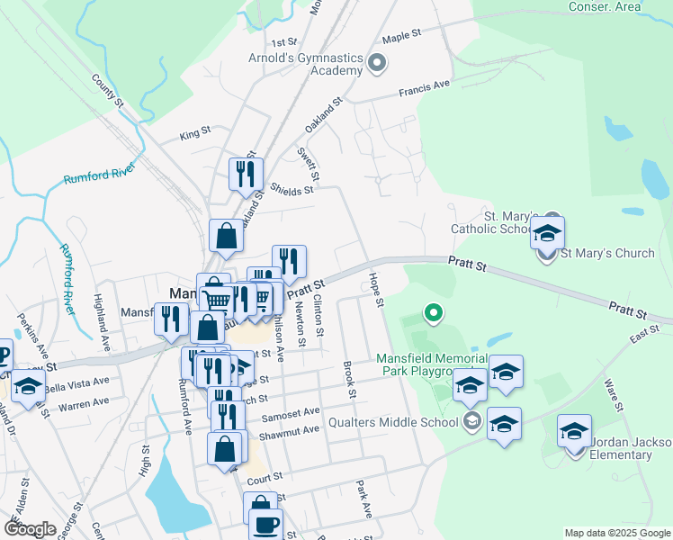 map of restaurants, bars, coffee shops, grocery stores, and more near 114 Pratt Street in Mansfield