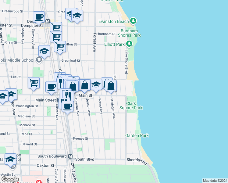 map of restaurants, bars, coffee shops, grocery stores, and more near 912 Sheridan Road in Evanston