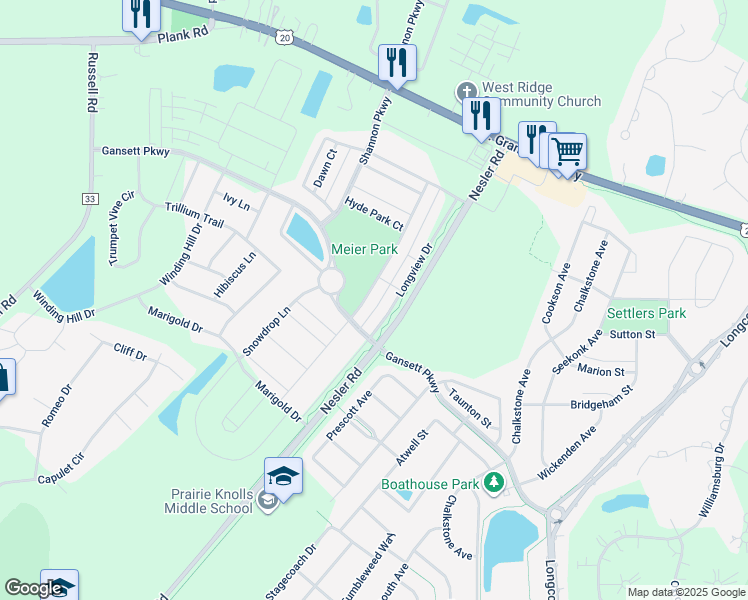 map of restaurants, bars, coffee shops, grocery stores, and more near 279 Garden Drive in Elgin