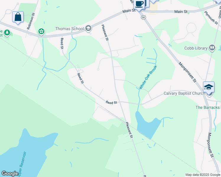 map of restaurants, bars, coffee shops, grocery stores, and more near 21 Fuller Street in Hanson