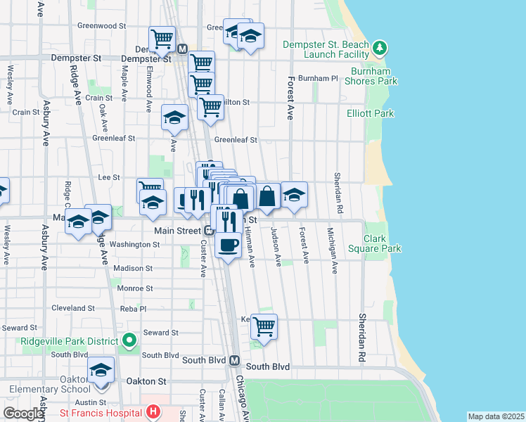 map of restaurants, bars, coffee shops, grocery stores, and more near 910 Judson Avenue in Evanston