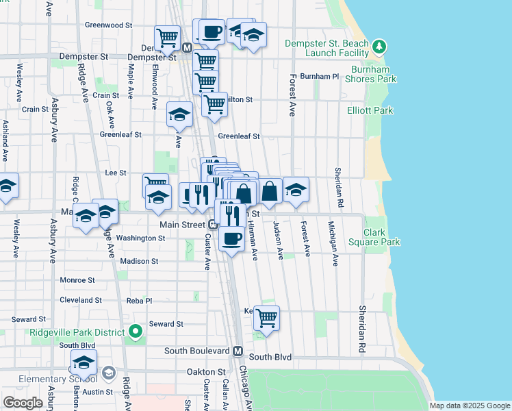 map of restaurants, bars, coffee shops, grocery stores, and more near 918 Hinman Avenue in Evanston