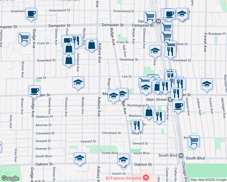 map of restaurants, bars, coffee shops, grocery stores, and more near 915 Ridge Court in Evanston