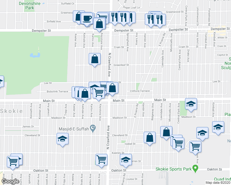 map of restaurants, bars, coffee shops, grocery stores, and more near 8433 Crawford Avenue in Skokie