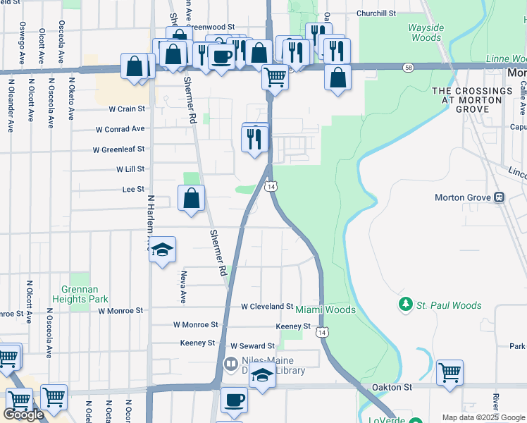 map of restaurants, bars, coffee shops, grocery stores, and more near 8425 Waukegan Road in Morton Grove