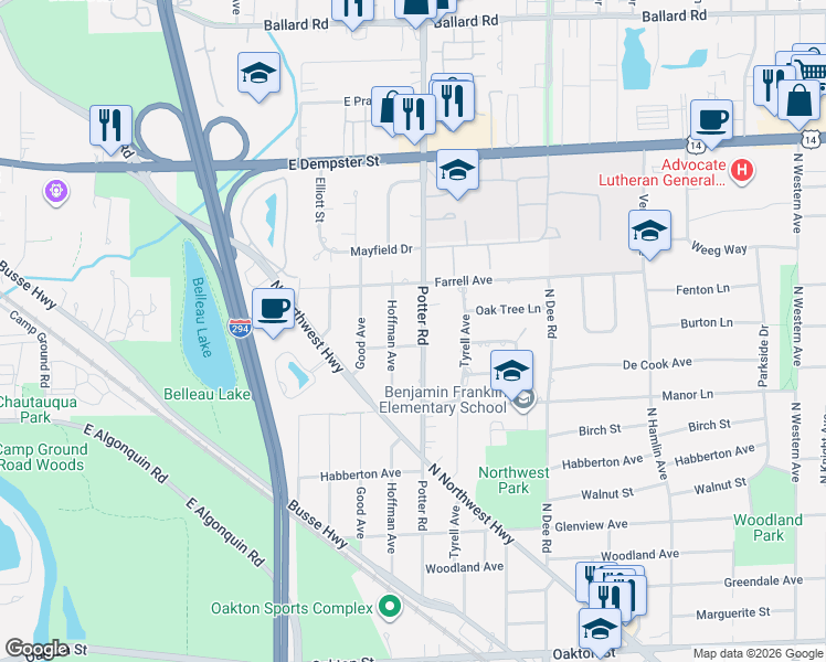 map of restaurants, bars, coffee shops, grocery stores, and more near 1513 Hoffman Avenue in Park Ridge