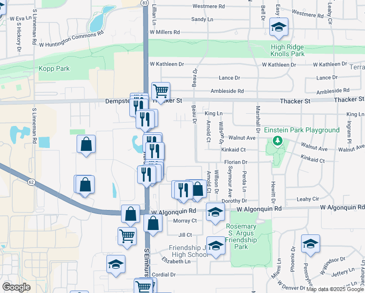 map of restaurants, bars, coffee shops, grocery stores, and more near 960 Beau Drive in Des Plaines
