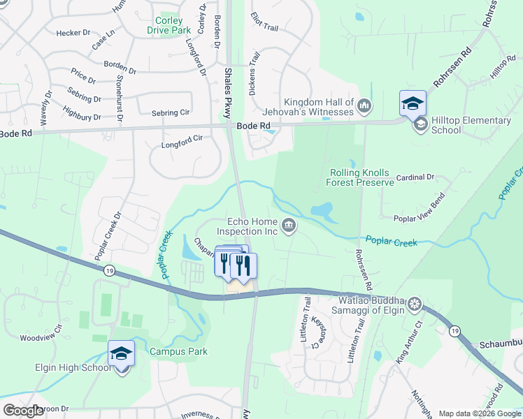 map of restaurants, bars, coffee shops, grocery stores, and more near 75 Chestnut Court in Elgin