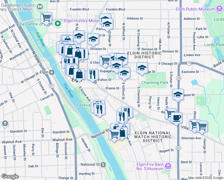 map of restaurants, bars, coffee shops, grocery stores, and more near 153 South Chapel Street in Elgin