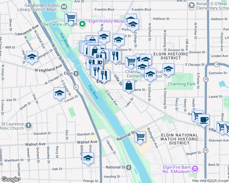 map of restaurants, bars, coffee shops, grocery stores, and more near 203 Prairie Street in Elgin