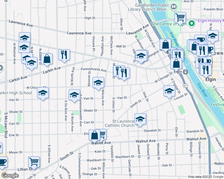 map of restaurants, bars, coffee shops, grocery stores, and more near 733-37 West Chicago Street in Elgin
