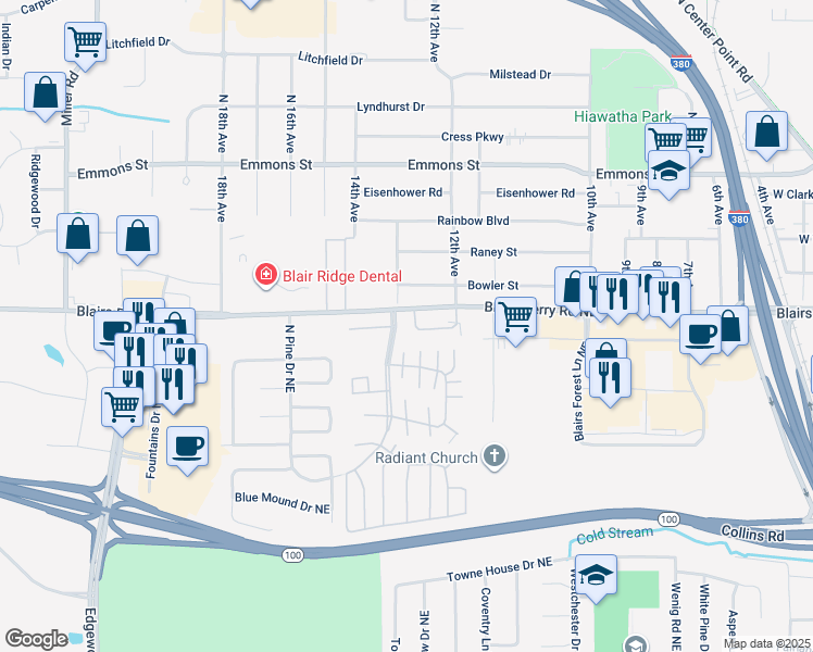 map of restaurants, bars, coffee shops, grocery stores, and more near 3424 Hemlock Place Northeast in Cedar Rapids