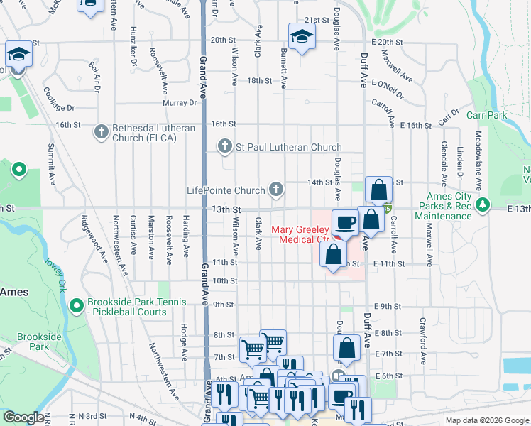 map of restaurants, bars, coffee shops, grocery stores, and more near 425 13th Street in Ames