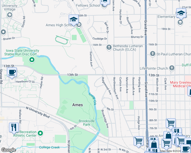 map of restaurants, bars, coffee shops, grocery stores, and more near 1420 13th Street in Ames