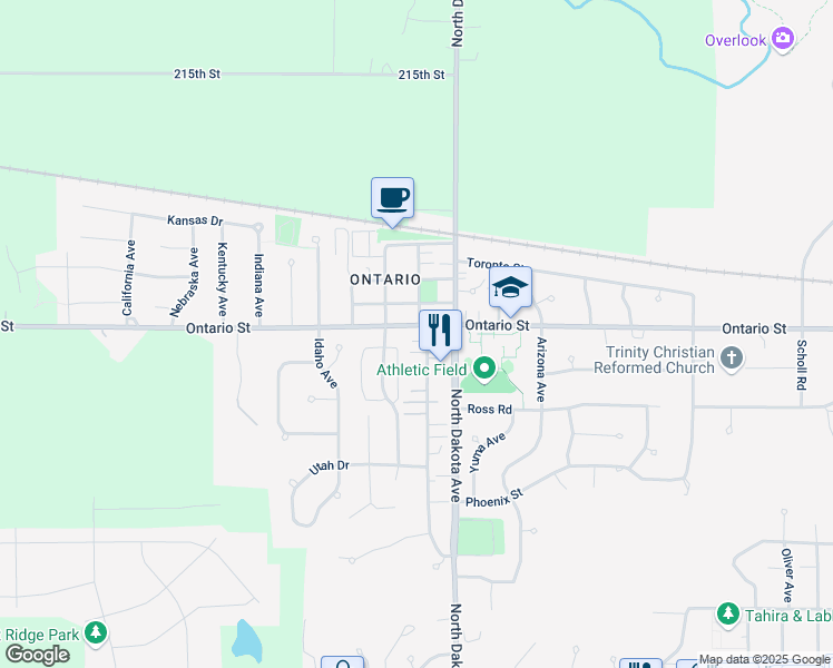 map of restaurants, bars, coffee shops, grocery stores, and more near 4612 Ontario Street in Ames