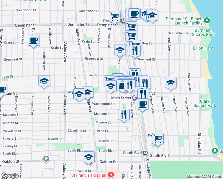 map of restaurants, bars, coffee shops, grocery stores, and more near 912 Elmwood Avenue in Evanston