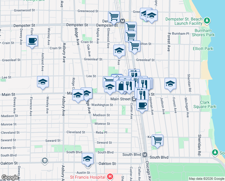 map of restaurants, bars, coffee shops, grocery stores, and more near 914 Sherman Avenue in Evanston