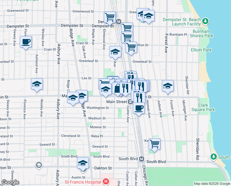 map of restaurants, bars, coffee shops, grocery stores, and more near 905 Sherman Avenue in Evanston