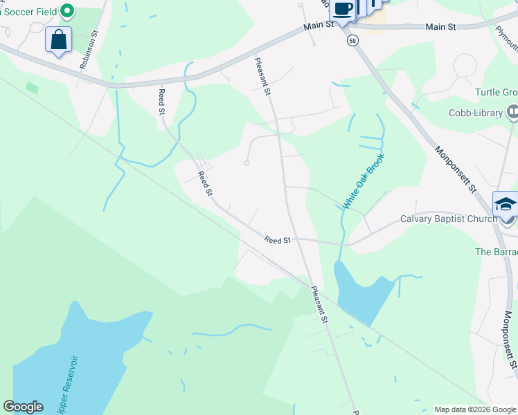 map of restaurants, bars, coffee shops, grocery stores, and more near 8 Fuller Street in Hanson