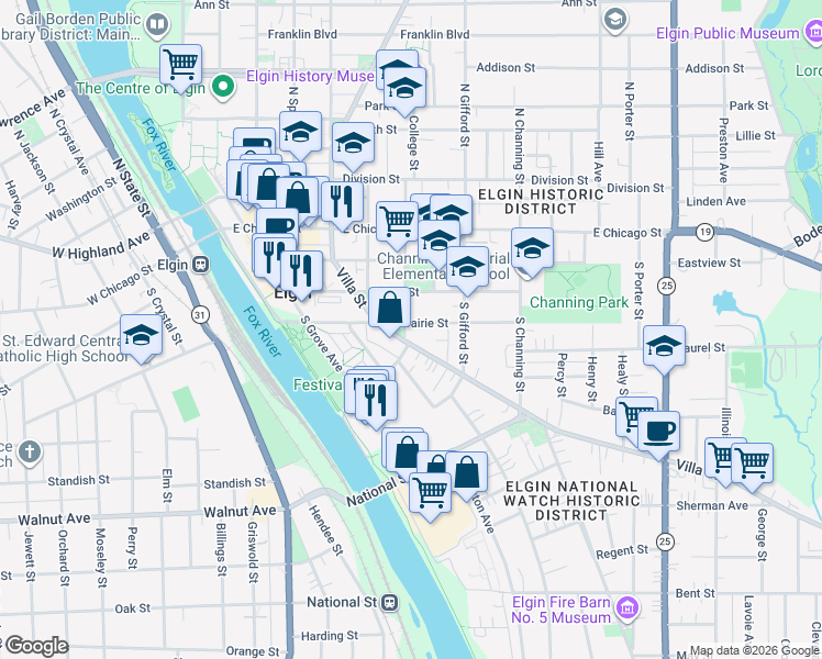map of restaurants, bars, coffee shops, grocery stores, and more near 153 South Chapel Street in Elgin