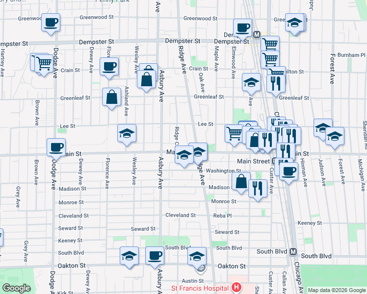 map of restaurants, bars, coffee shops, grocery stores, and more near 915 Ridge Court in Evanston