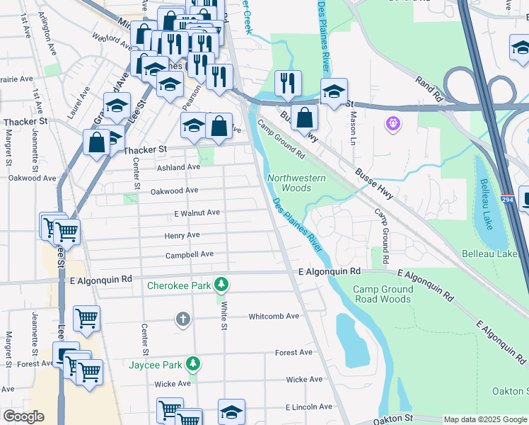 map of restaurants, bars, coffee shops, grocery stores, and more near 1052 South River Road in Des Plaines