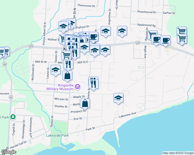 map of restaurants, bars, coffee shops, grocery stores, and more near 95 Wellington Street in Kingsville