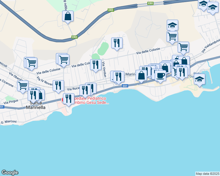 map of restaurants, bars, coffee shops, grocery stores, and more near 12 Via Padre Reginaldo Giuliani in Santa Marinella