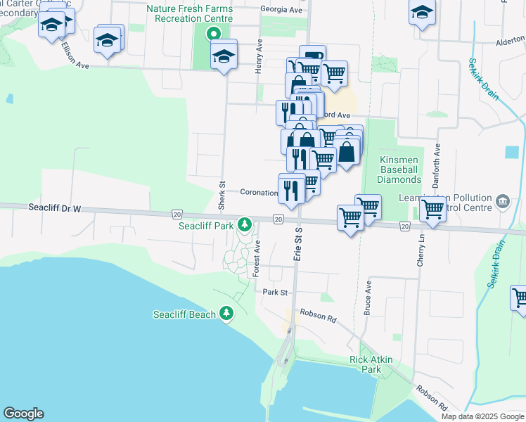 map of restaurants, bars, coffee shops, grocery stores, and more near 21 Seacliff Drive West in Leamington