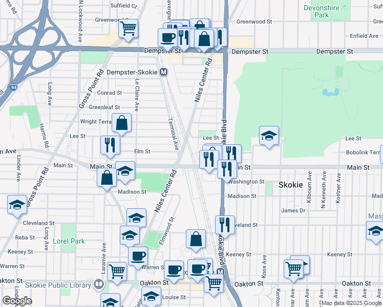 map of restaurants, bars, coffee shops, grocery stores, and more near 4860 Main Street in Skokie