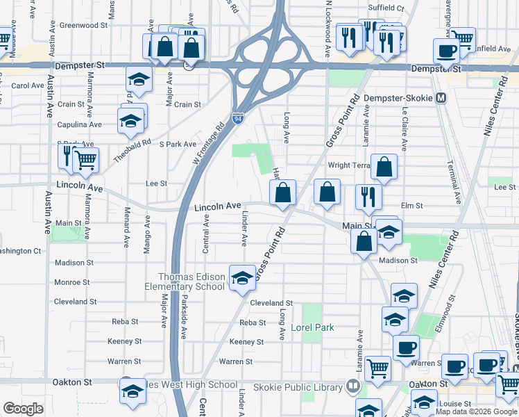 map of restaurants, bars, coffee shops, grocery stores, and more near 5443 Lincoln Ave in Skokie
