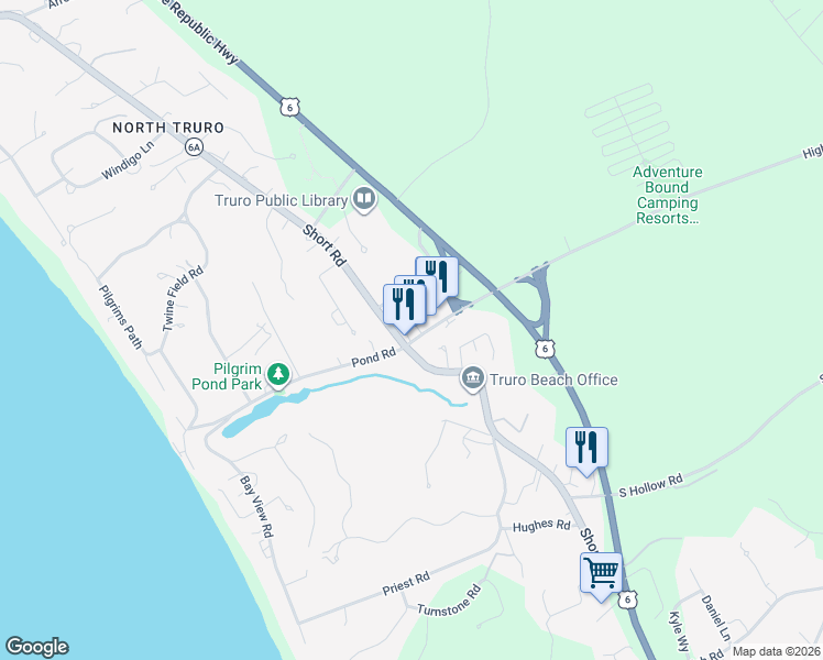 map of restaurants, bars, coffee shops, grocery stores, and more near 4 Highland Road in Truro
