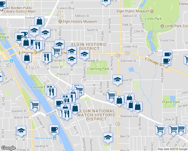 map of restaurants, bars, coffee shops, grocery stores, and more near 153 Laurel Court in Elgin