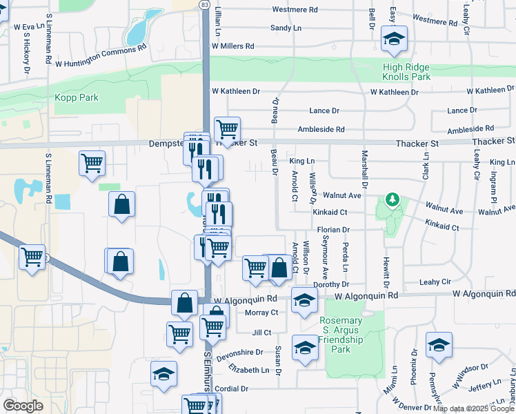 map of restaurants, bars, coffee shops, grocery stores, and more near 960 Beau Drive in Des Plaines