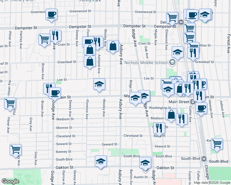 map of restaurants, bars, coffee shops, grocery stores, and more near 910 Asbury Avenue in Evanston