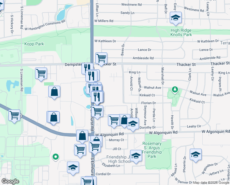 map of restaurants, bars, coffee shops, grocery stores, and more near 960 Beau Drive in Des Plaines