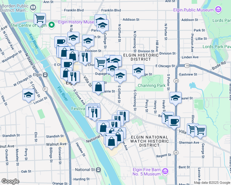 map of restaurants, bars, coffee shops, grocery stores, and more near 389 Prairie Street in Elgin