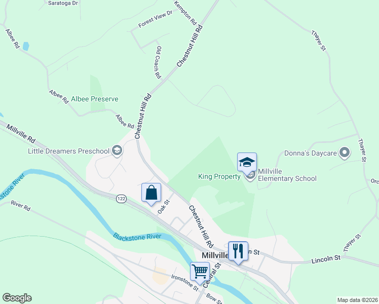 map of restaurants, bars, coffee shops, grocery stores, and more near 90 Chestnut Hill Road in Millville