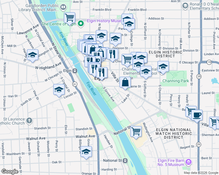 map of restaurants, bars, coffee shops, grocery stores, and more near 203 Prairie Street in Elgin