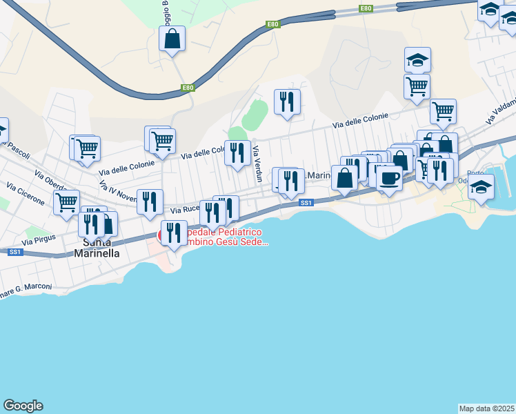 map of restaurants, bars, coffee shops, grocery stores, and more near 12 Via Padre Reginaldo Giuliani in Santa Marinella